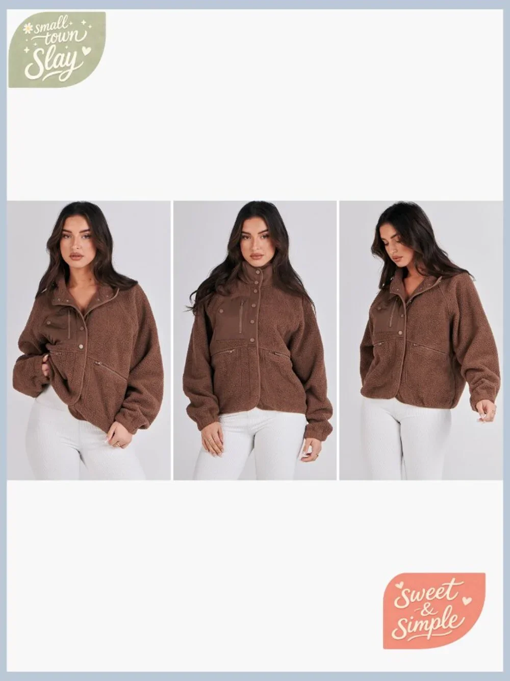 Womens Fuzzy Fleece Cropped Shacket with Pockets Long Sleeve Button Down Sherpa - Picture 7 of 7